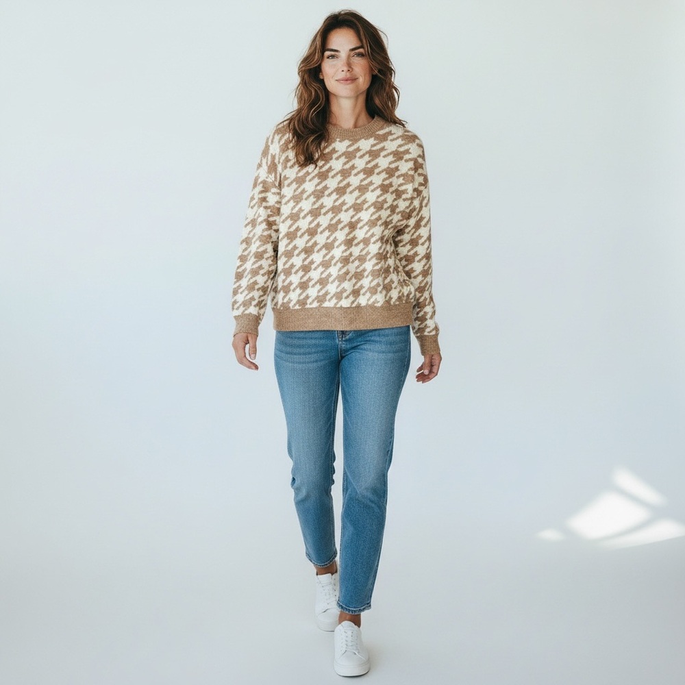 Listicle Taupe Houndstooth Pullover Knit Sweater Women’s Size Medium - Picture 11 of 11
